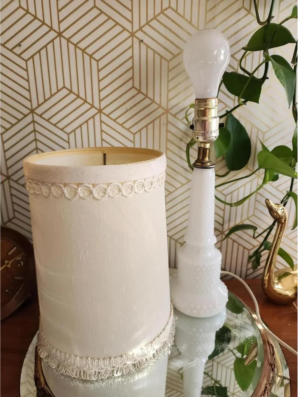 Vintage Milkglass Boudoir Table Lamp with Fringed Clip on Shade
